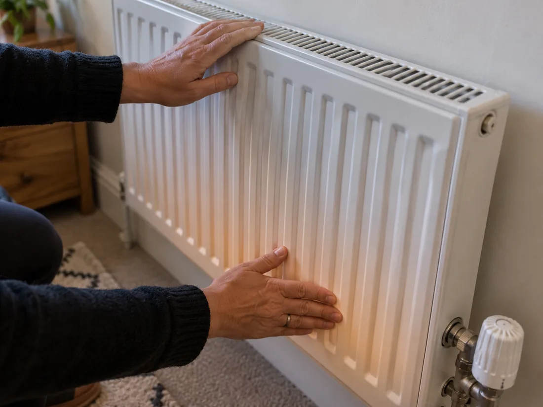 Two hands checking the top and bottom of a radiator for cold spots