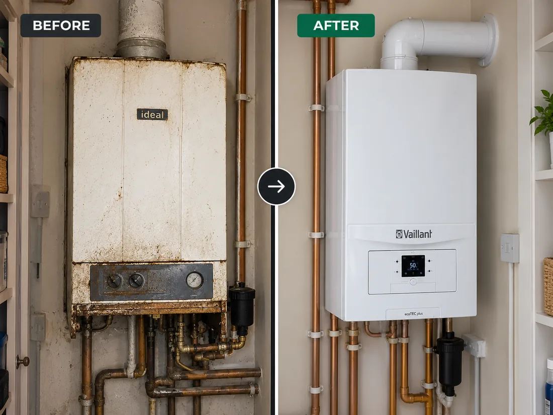 An old corroded boiler beside the new one that replaced it, before and after