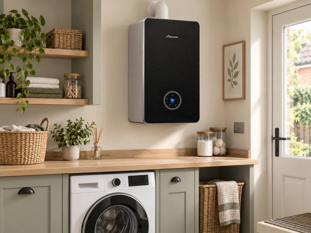 Black Worcester boiler installed above a worktop in a modern utility room