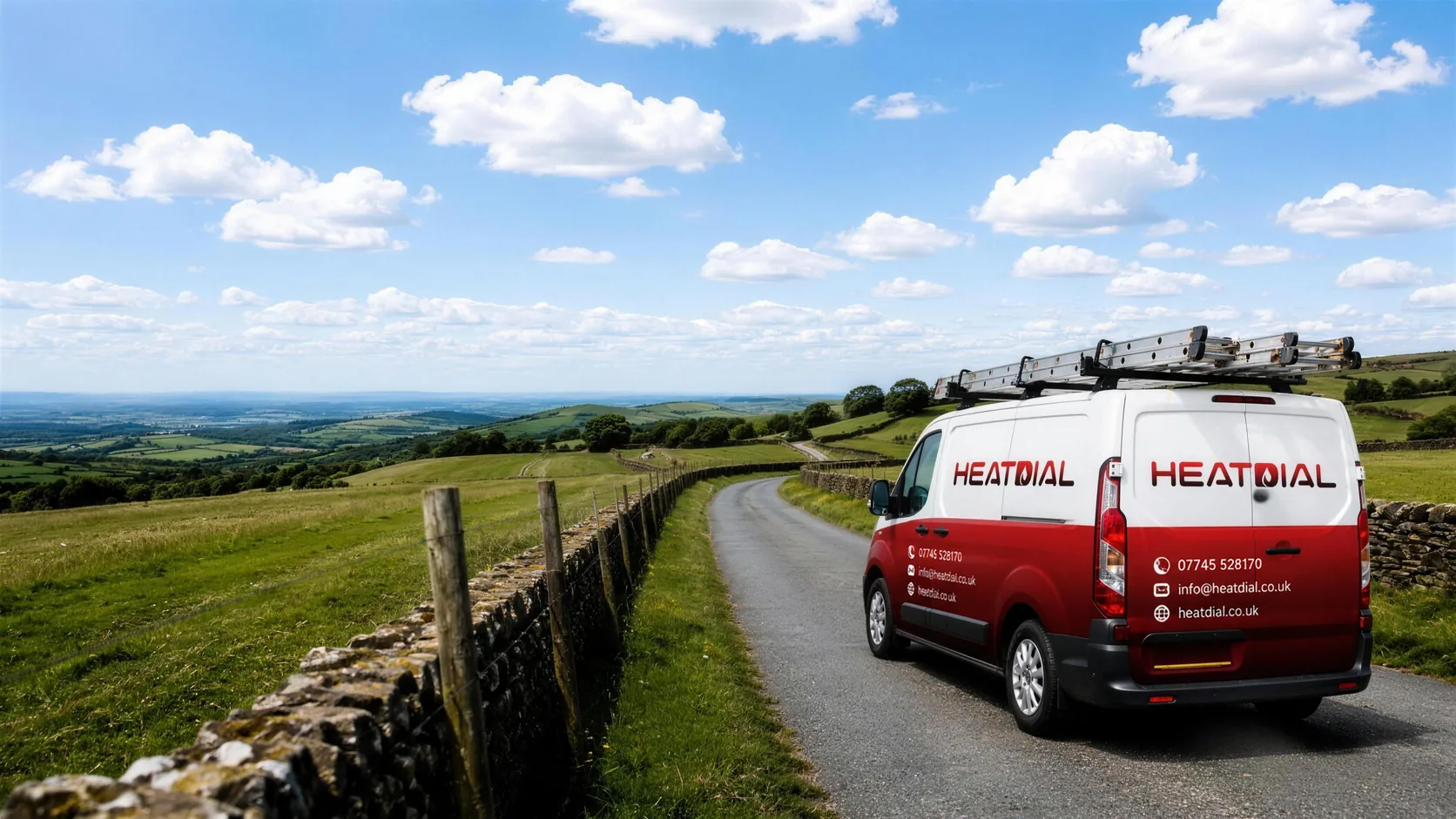A red and white Heatdial van with a roof rack, parked on a walled moor road above Clitheroe