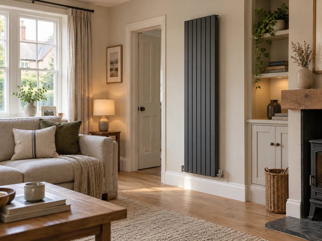 Modern vertical radiator in a warm contemporary living room