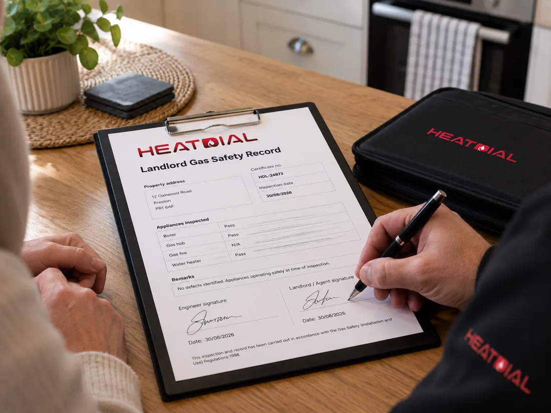 A landlord gas safety record being signed at a kitchen table