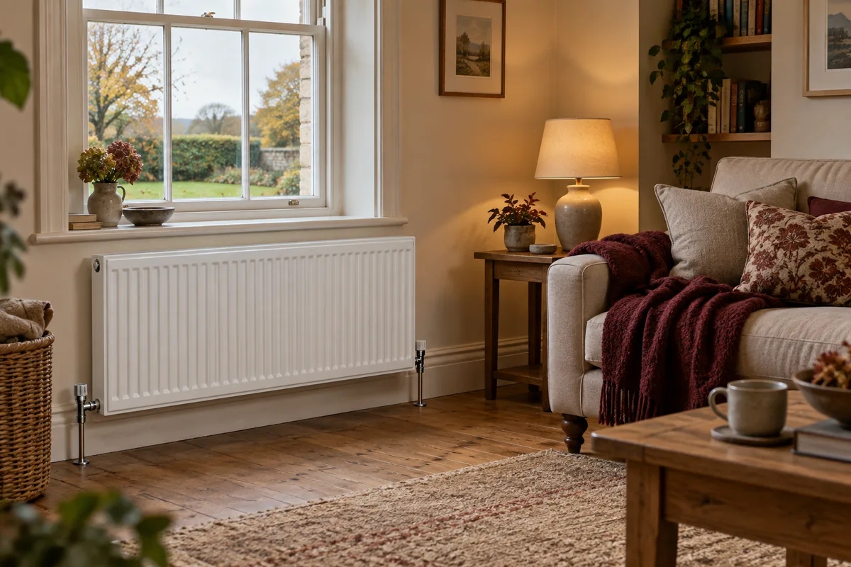Illustrative living room with a radiator beneath the window